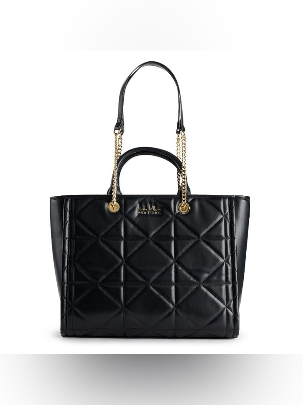 Nicole Miller Quilted Black Tote Shoulder Bag with Gold Chain Handles- Nwot